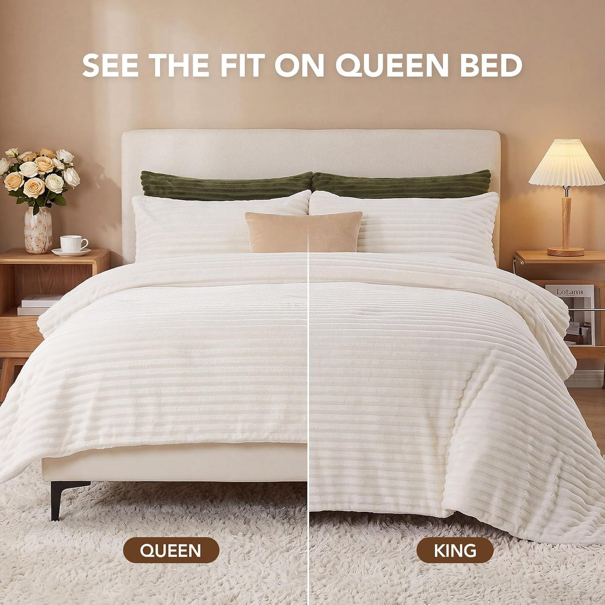 HYLEORY Fluffy Queen Comforter Set 3 Pieces - Fleece Fluffy Soft & Warm Plush Cream White Comforter Sets, Luxury Fuzzy Bedding Sets, All Season Heavy Bed Set Queen Size with 2 Pillowcases