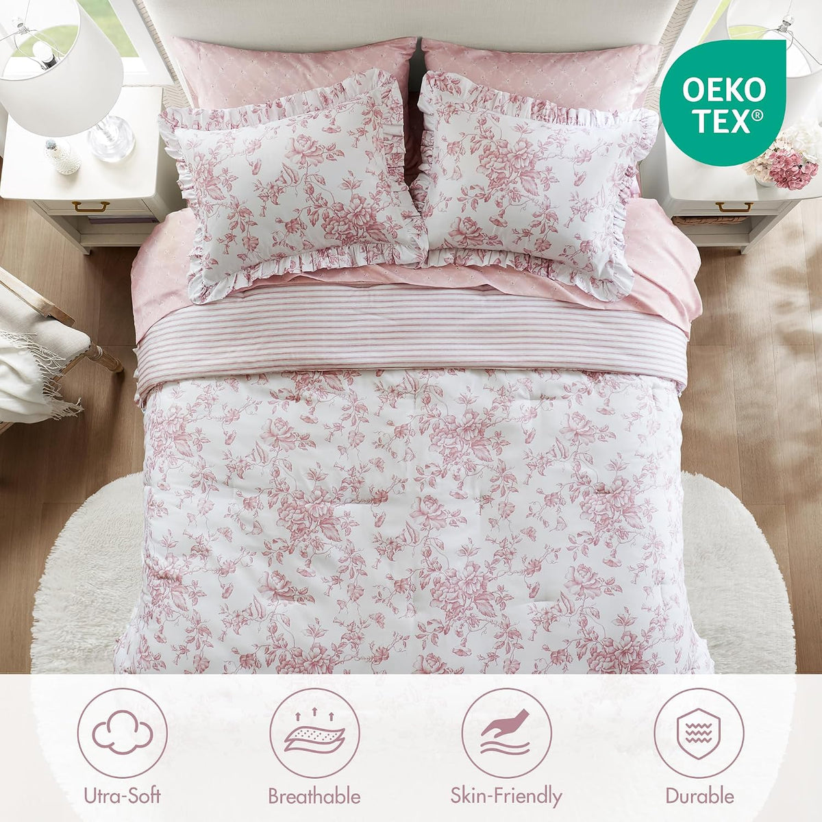 Madison Park Essentials Pink Floral Comforter Set with Sheets Full,7pc