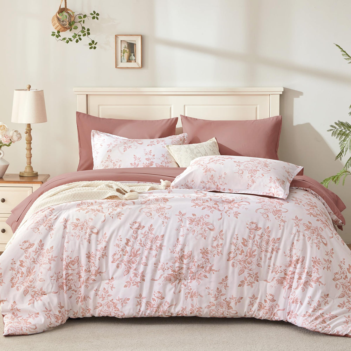 Andency Floral Comforter Queen Set, 7 Pieces Green Rose Flower Bedding Set