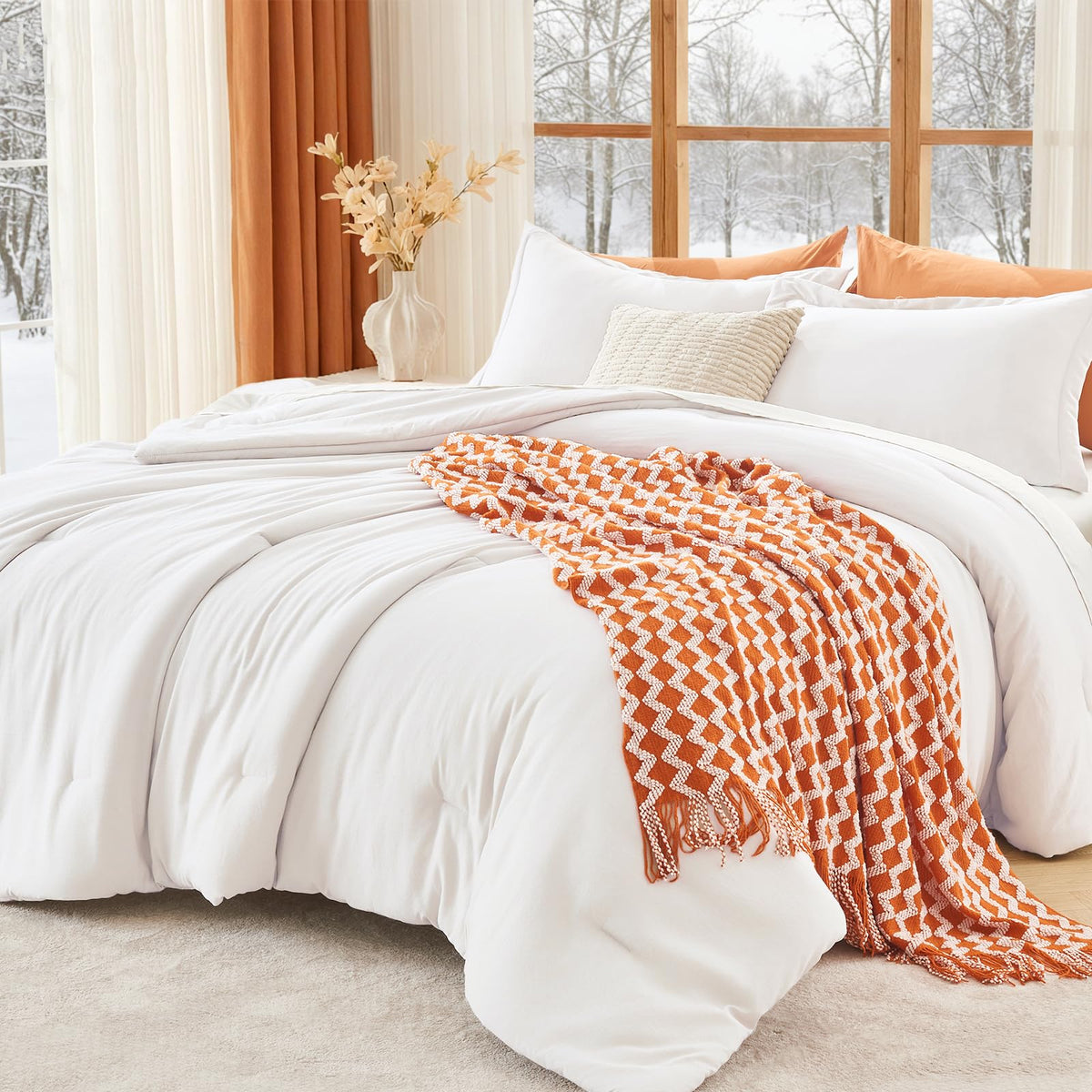 MUXHOMO Queen Size Comforter Set Beige, 3 Piece Solid Bedding for All Seasons, Warm Down Alternative Bed Set Includes 1 Lightweight Comforter (90"x90") and 2 Pillowshams (20"x26")