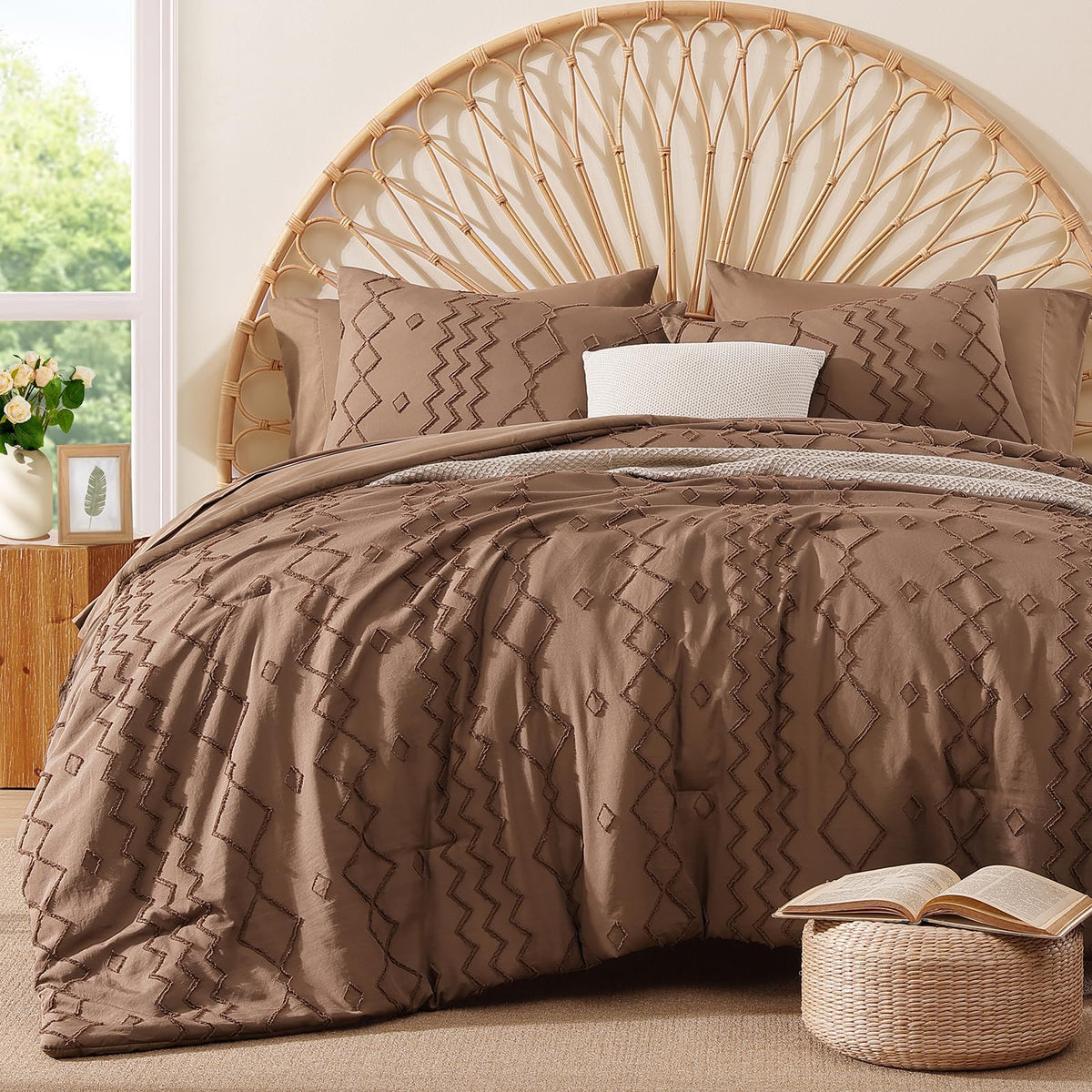 King Size Comforter Set Beige Tufted Boho Bedding Sets Farmhouse 7 Pieces
