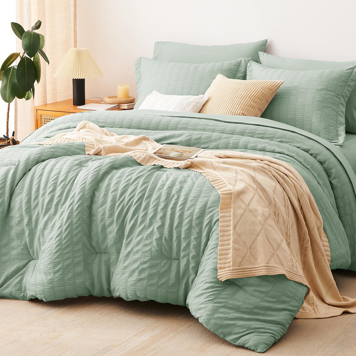 CozyLux Queen Comforter Set, 7 Pieces White Seersucker Bed in a Bag