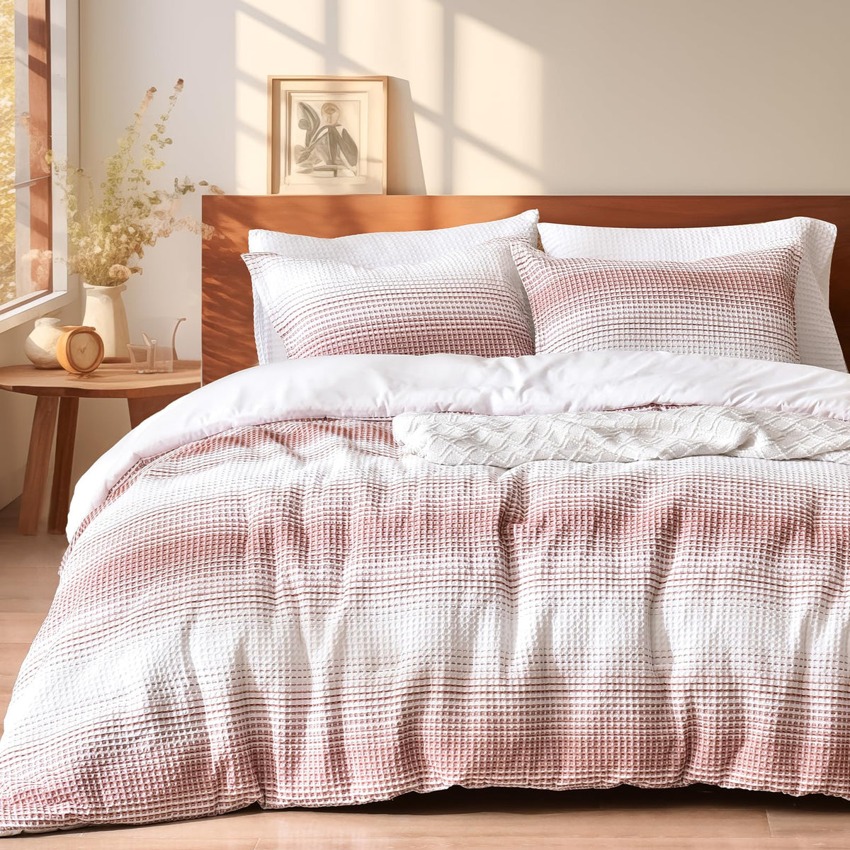 PHF Ultra Soft Waffle Comforter Set 3 Pieces Queen, Linen