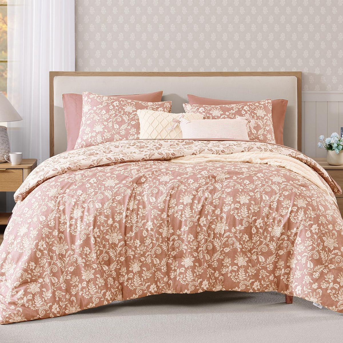 BLOOMHAVEN Full Size Comforter Sets-7 Pieces Rose Floral Bed in a Bag