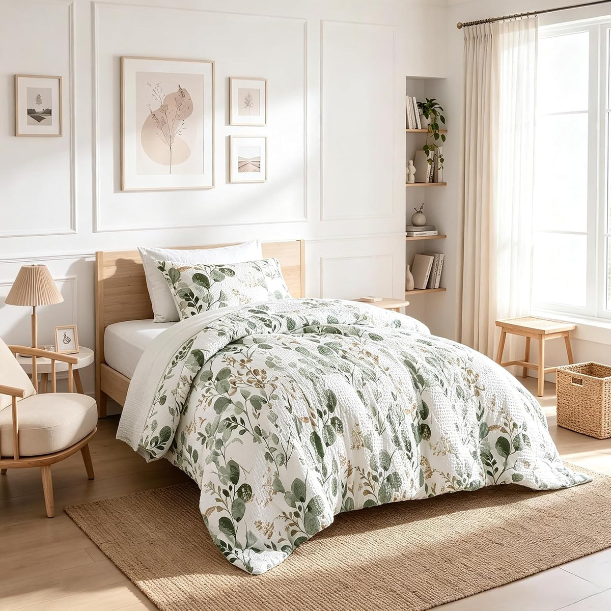 Lightweight Seersucker Botanical Comforter Set Queen Size, 3 Pieces Reversible Design with Striped Print, Premium Microfiber Bedding Set, Comforter and Sham Set, Green