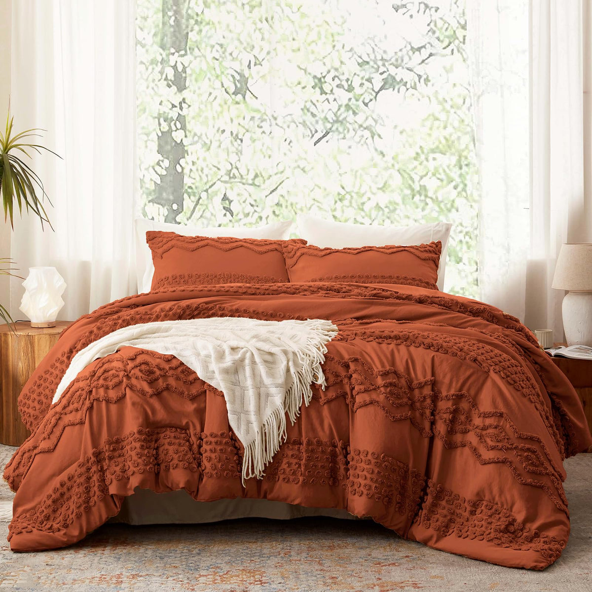 Luxudecor Beige Tufted Comforter Set, 3 Pieces Queen Size Boho Bedding Set