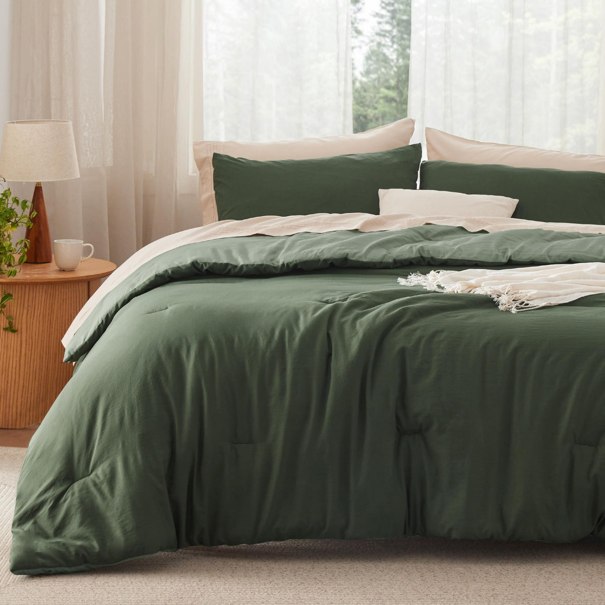 Bedsure Queen Comforter Set Prewashed Soft Bedding Set 3Pcs Beige 90"x90"
