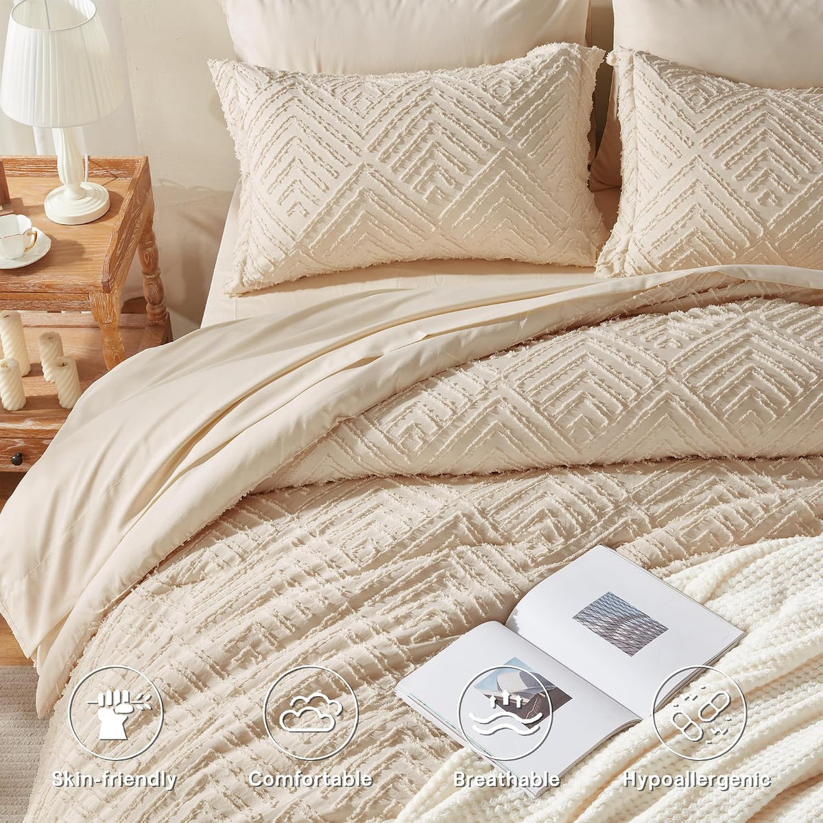 Zzlpp Queen Comforter Set 7 Piece, Beige Bed in a Bag Queen Bedding Sets