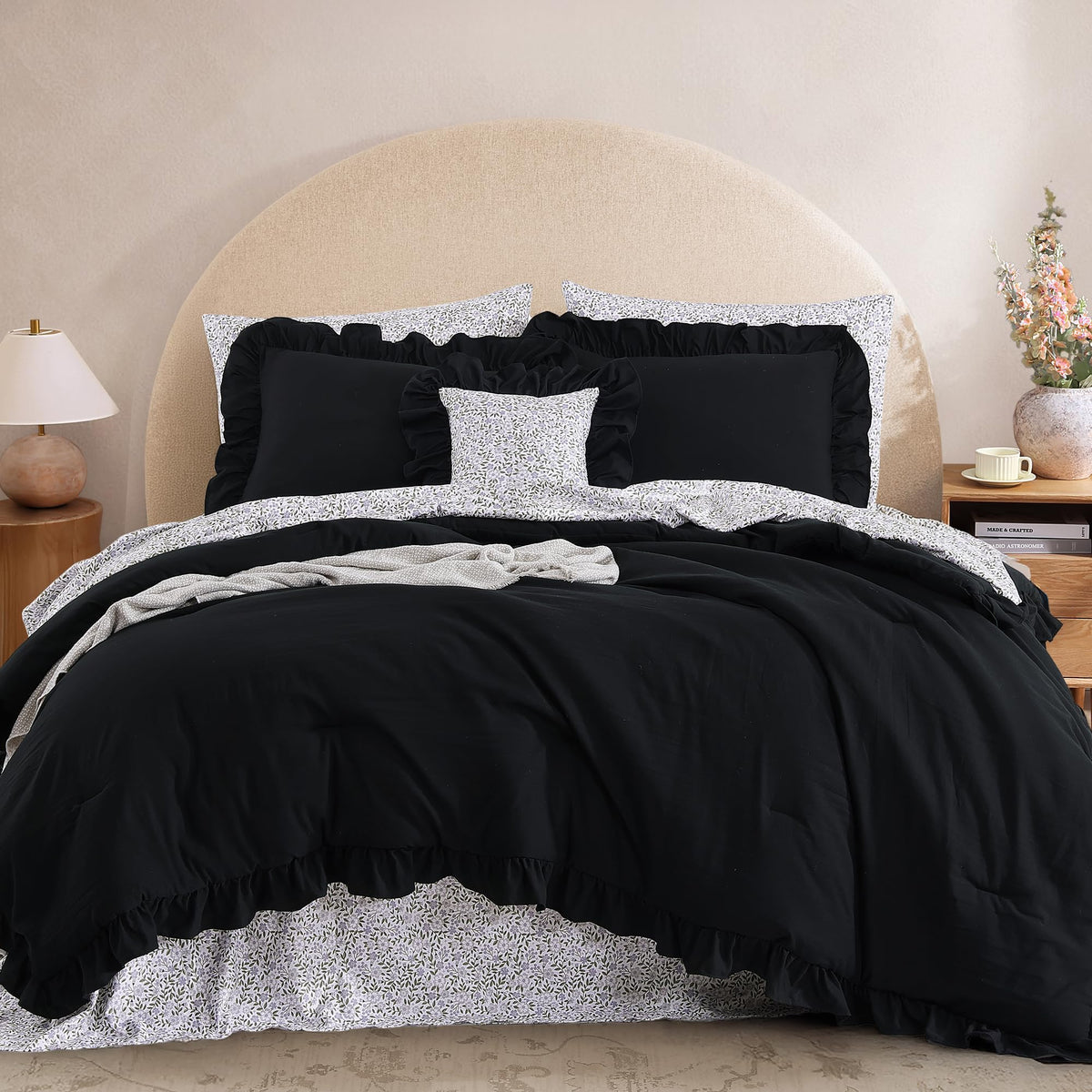 BLOOMHAVEN Queen Comforter Set-7 Pieces Ruffle Bedding with Floral Sheet