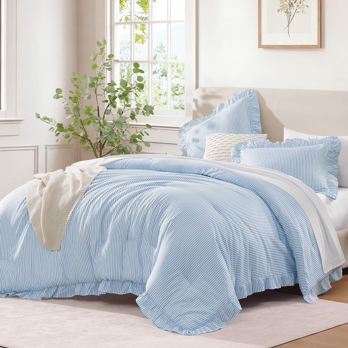 Andency White Comforter Set Queen Size, 3 Pieces Ruffle Farmhouse Bed Set