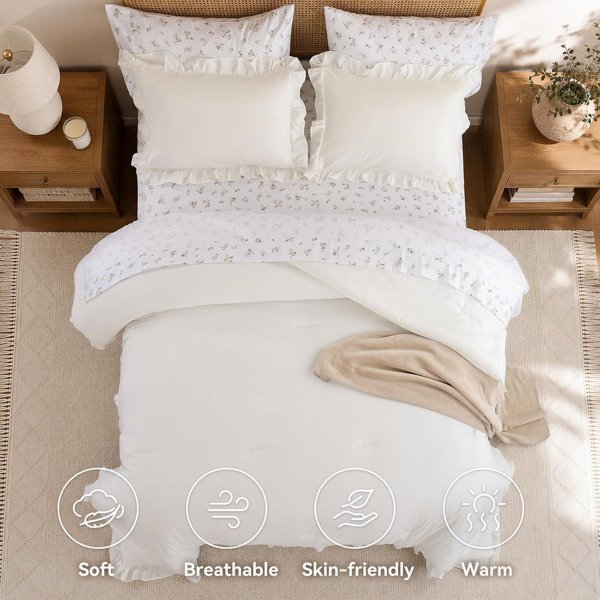 JANZAA Ruffle Queen Comforter Set with Floral Sheets 7 Pieces Cream White