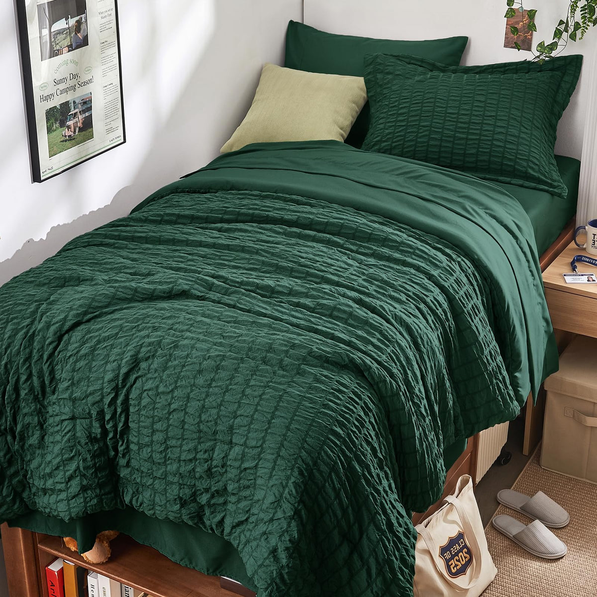 HYMOKEGE Queen Comforter Set Seersucker 7 Pieces, All Season Luxury Bed in a Bag for Bedroom, Bedding Set with Comforters, Sheets, Pillowcases & Shams, Dark Grey