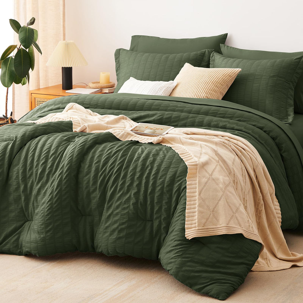 CozyLux Queen Comforter Set, 7 Pieces White Seersucker Bed in a Bag