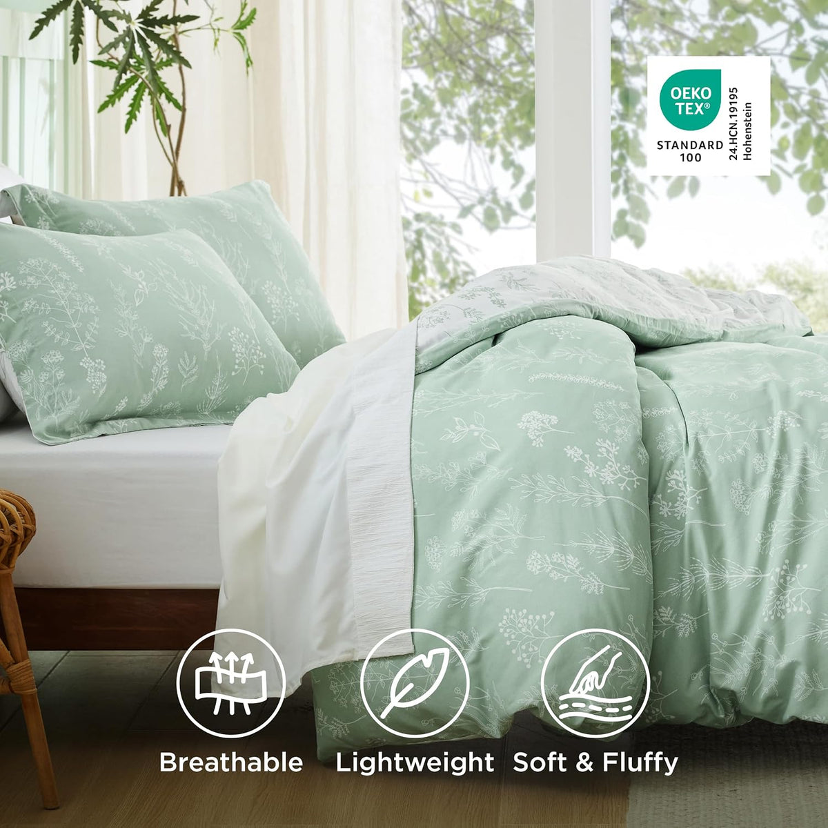 Bedsure Floral Comforter Set Cute Bedding Set Queen Reversible Sage Green