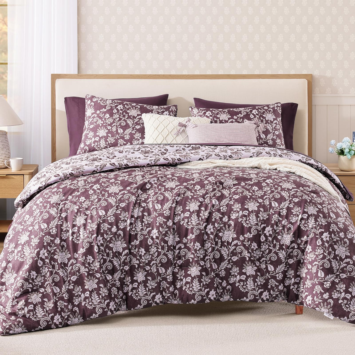 BLOOMHAVEN Full Size Comforter Sets-7 Pieces Rose Floral Bed in a Bag