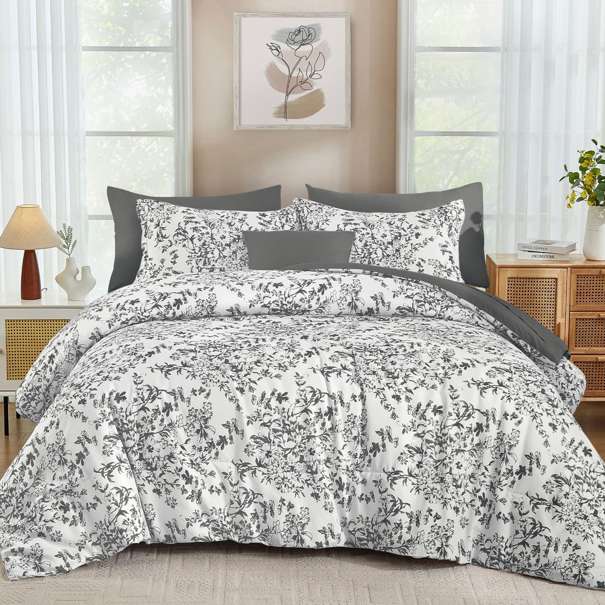 WONGS BEDDING 8 Pieces King Size Comforter Set Green,Sage Green Floral Bed in a Bag Comforter Sets, Soft Reversible Botanical Flowers Bedding Sets for All Season (90"x104")