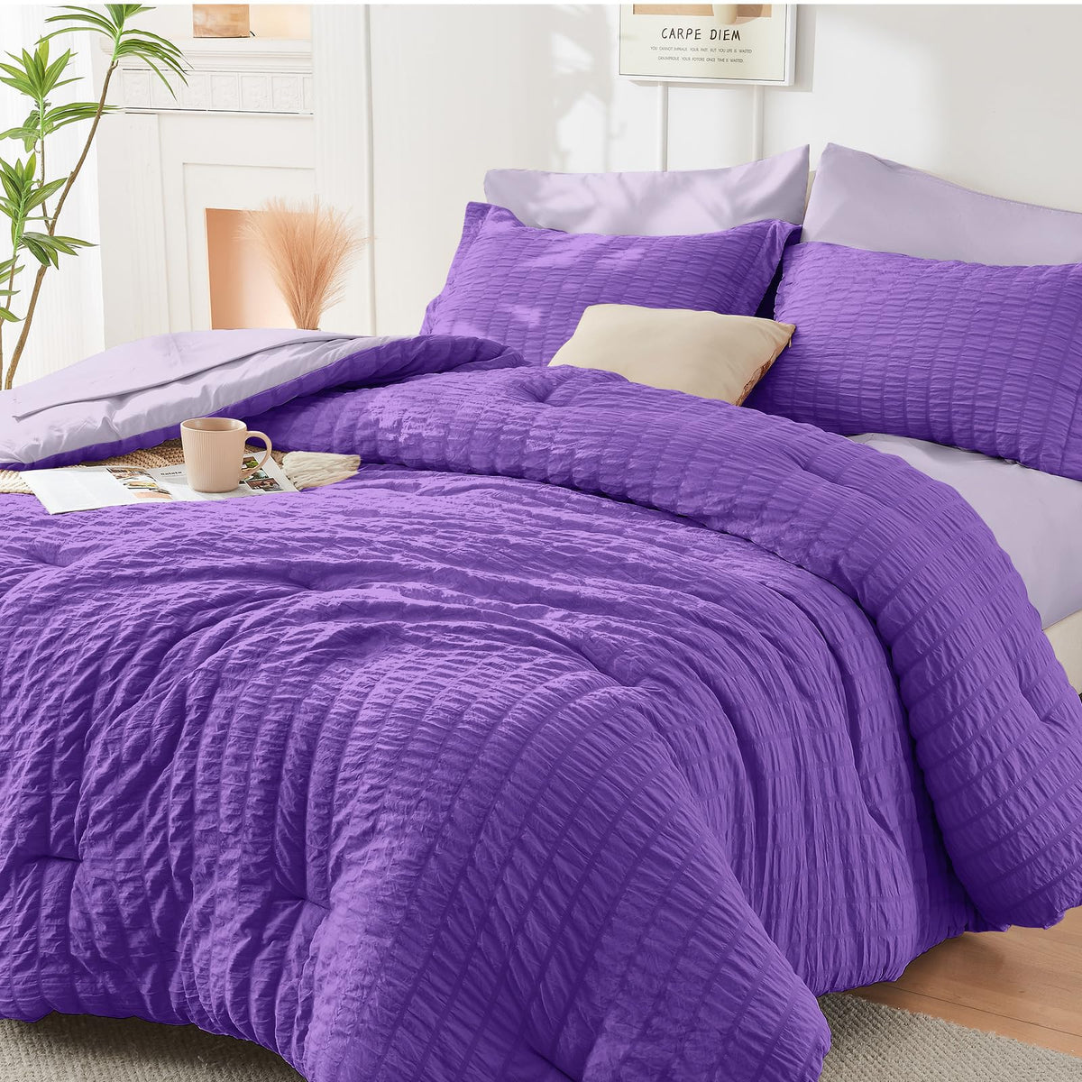HYMOKEGE Queen Comforter Set Seersucker 7 Pieces, All Season Luxury Bed in a Bag for Bedroom, Bedding Set with Comforters, Sheets, Pillowcases & Shams, Dark Grey