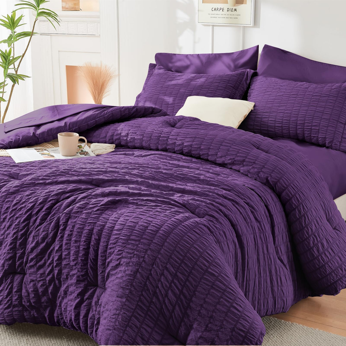 HYMOKEGE Queen Comforter Set Seersucker 7 Pieces, All Season Luxury Bed in a Bag for Bedroom, Bedding Set with Comforters, Sheets, Pillowcases & Shams, Dark Grey
