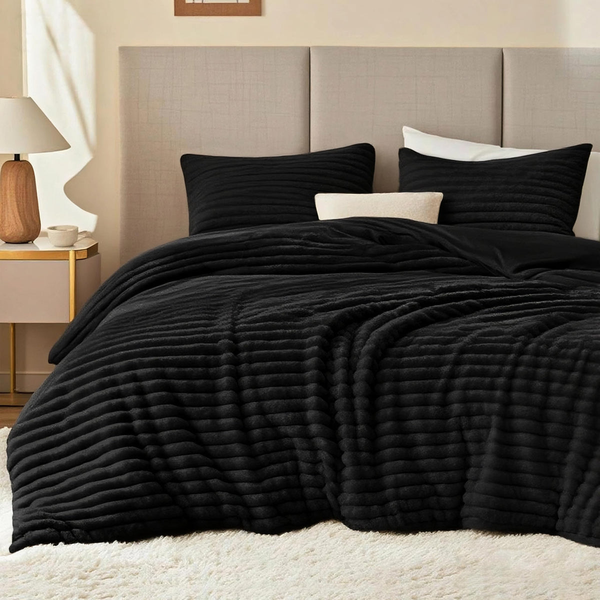 EXQ Home Fluffy Comforter Set Queen Size,3 Pieces Bed Set,Black