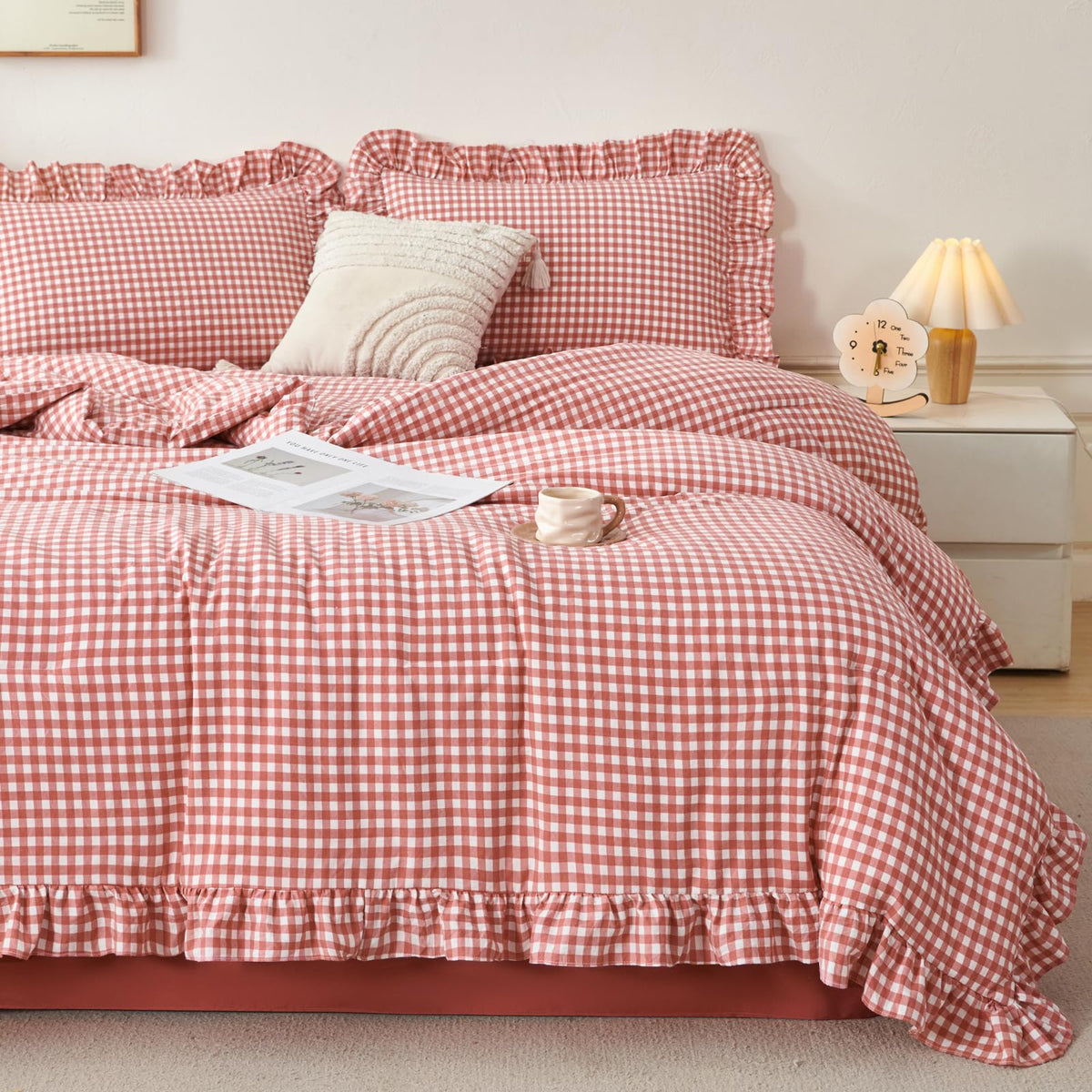 RYNGHIPY Yellow Gingham Comforter Set 5 Pcs Plaid Ruffle Full Bed in a Bag