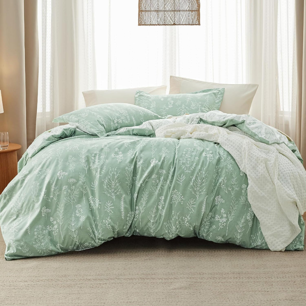 Bedsure Floral Comforter Set Cute Bedding Set Queen Reversible Sage Green