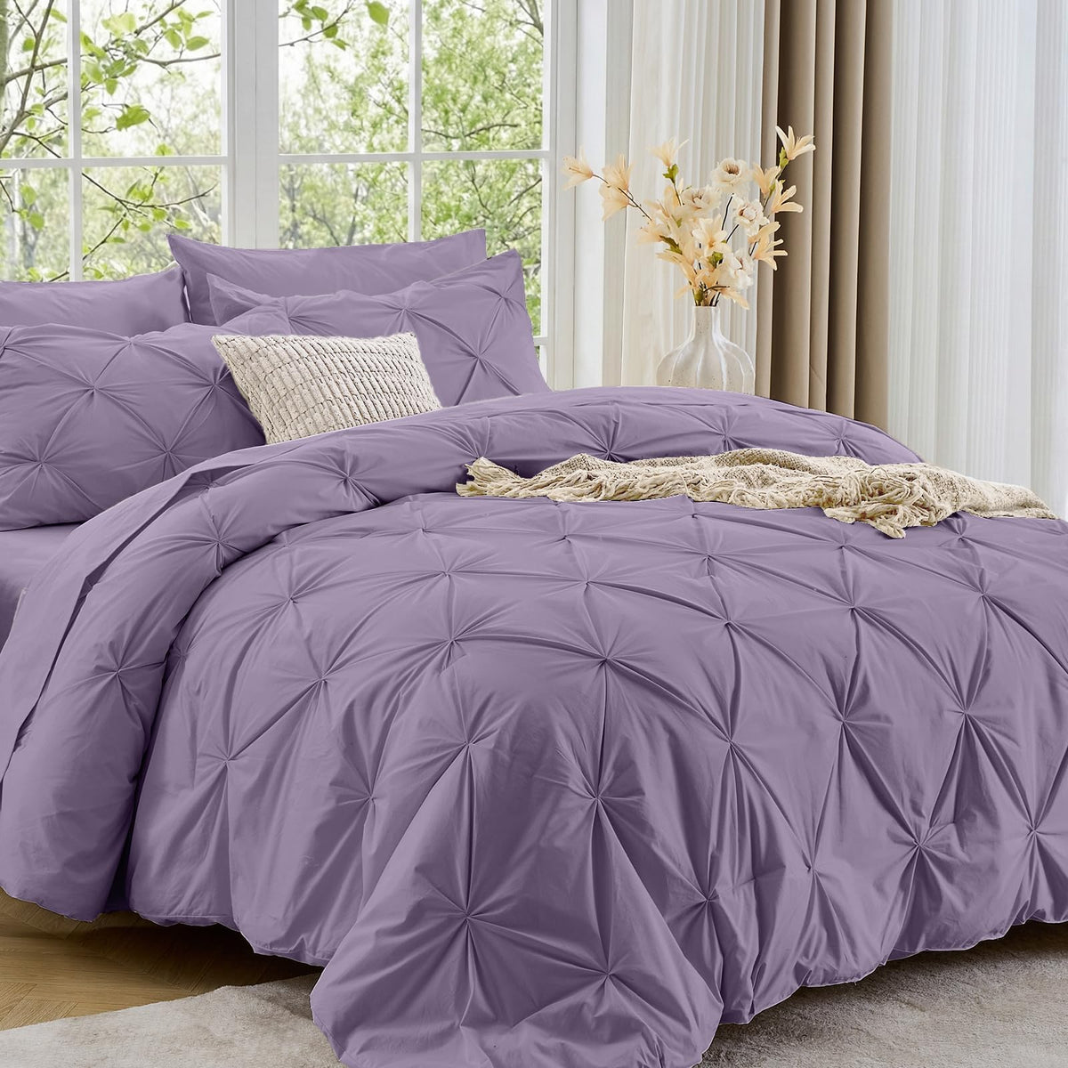Sasttie Queen Comforter Set, 7-Piece Bed in a Bag, Pintuck Bedding Sets for All Season, Includes Comforter, Flat Sheet, Fitted Sheet, Pillowcases and Pillowshams, Beige