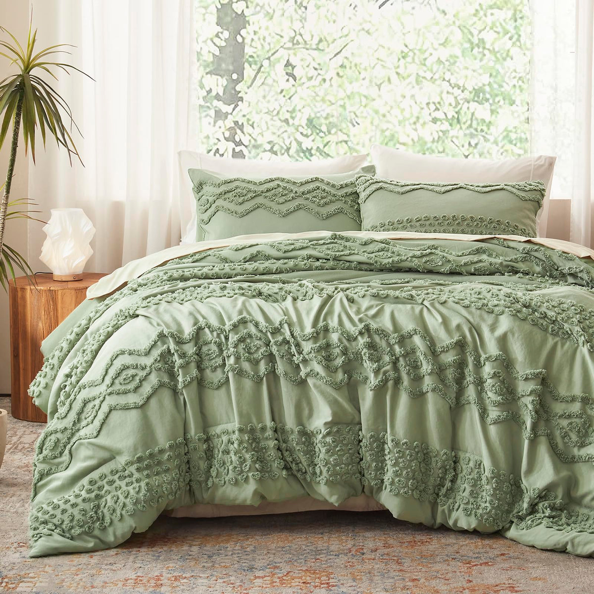 Luxudecor Beige Tufted Comforter Set, 3 Pieces Queen Size Boho Bedding Set