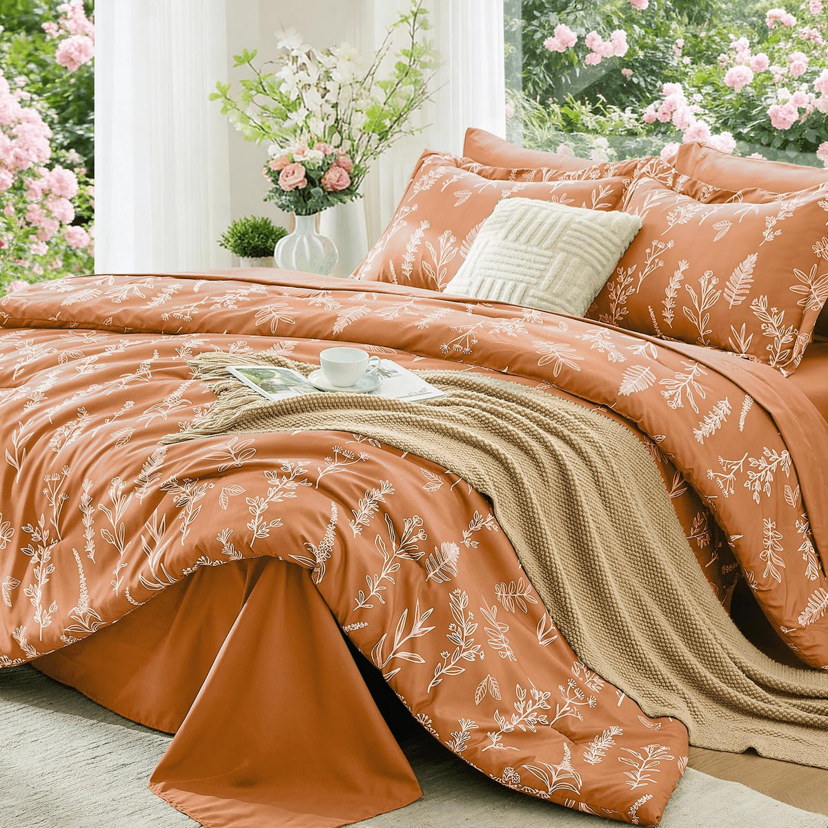 MUXHOMO Queen Comforter Set 7 Pieces, Sage Green Bed in a Bag Queen Reversible Botanical Flowers Design, Ultra Soft & Breathable Bedding Sets with Comforter, Sheets, Pillowcases & Shams