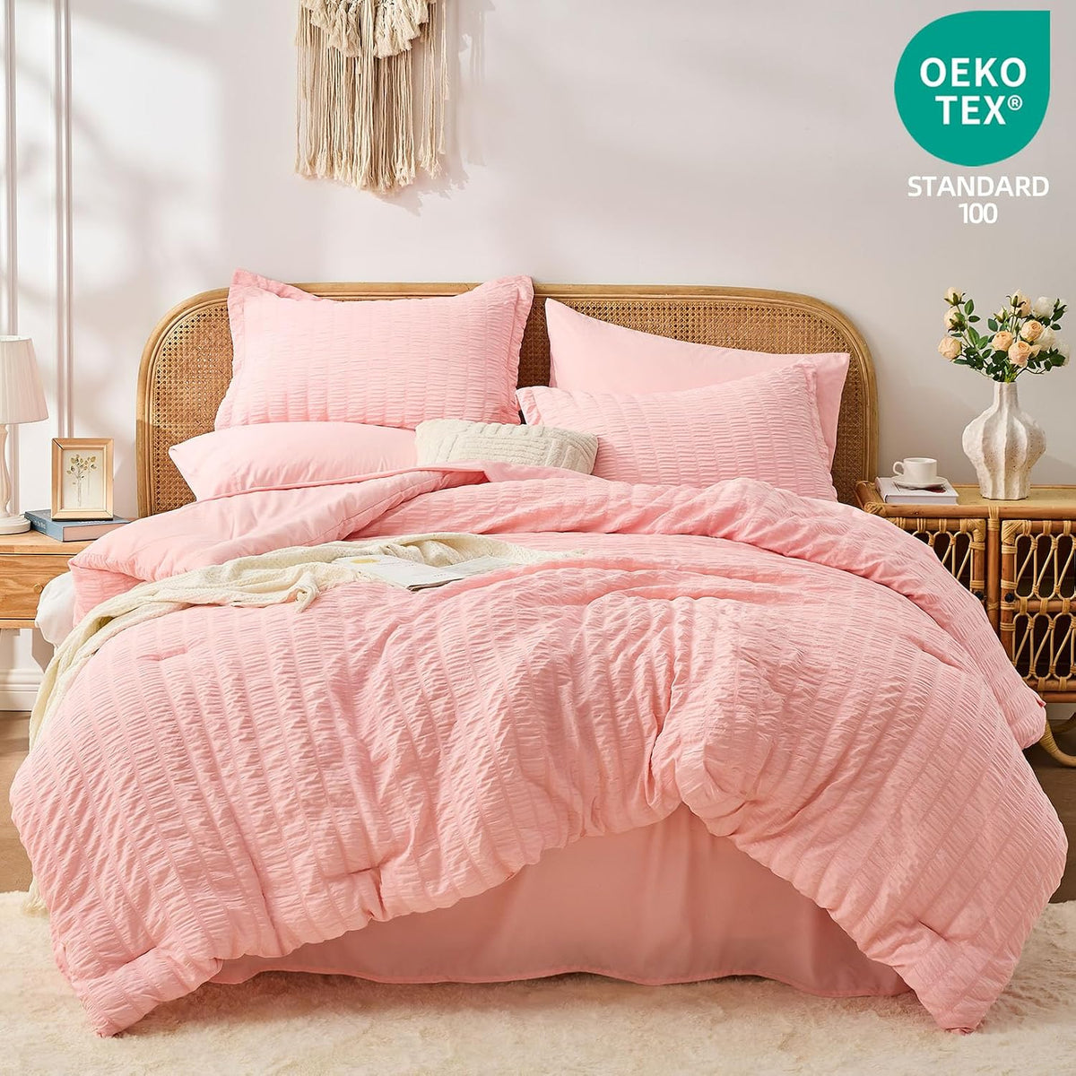 FUANNA Queen Comforter Set 7 Pieces, Pink Bed Set, Seersucker Bed in a Bag