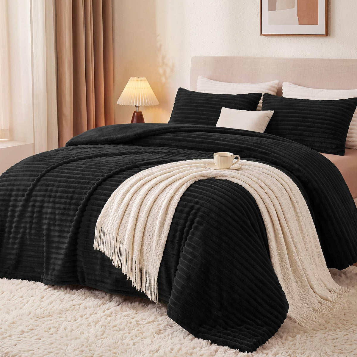 HYLEORY Fluffy Queen Comforter Set 3 Pieces - Fleece Fluffy Soft & Warm Plush Cream White Comforter Sets, Luxury Fuzzy Bedding Sets, All Season Heavy Bed Set Queen Size with 2 Pillowcases