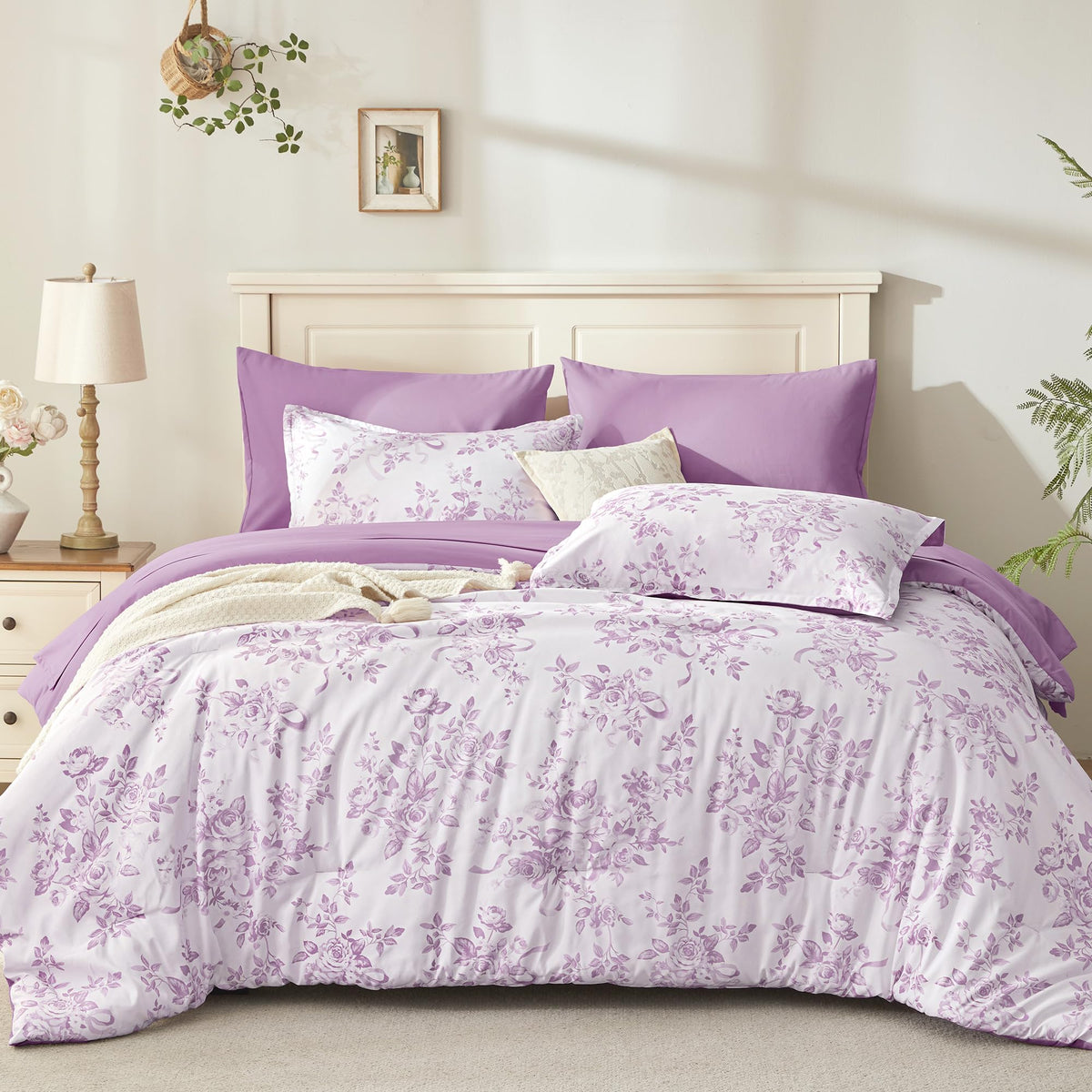 Andency Floral Comforter Queen Set, 7 Pieces Green Rose Flower Bedding Set