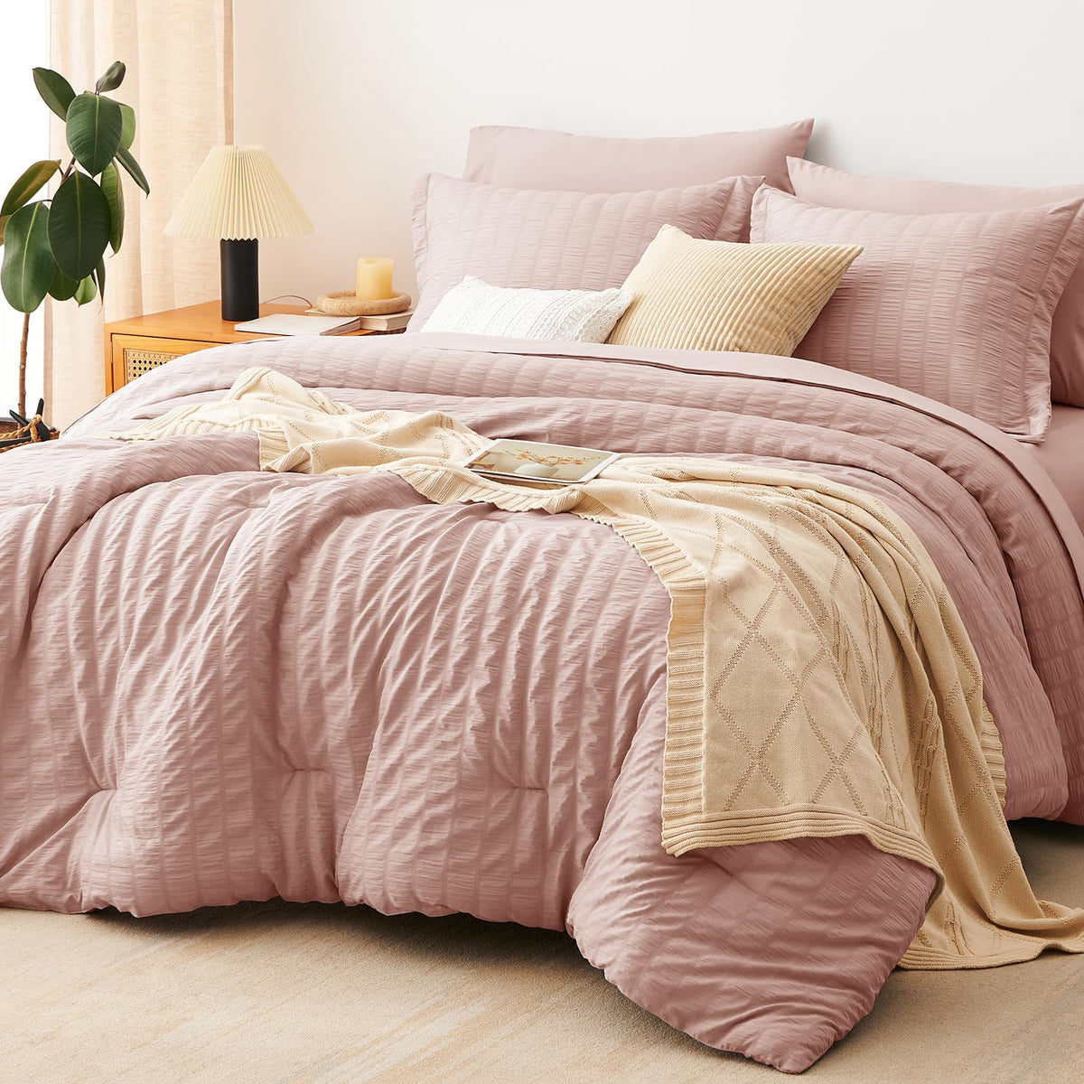 CozyLux Queen Comforter Set, 7 Pieces White Seersucker Bed in a Bag