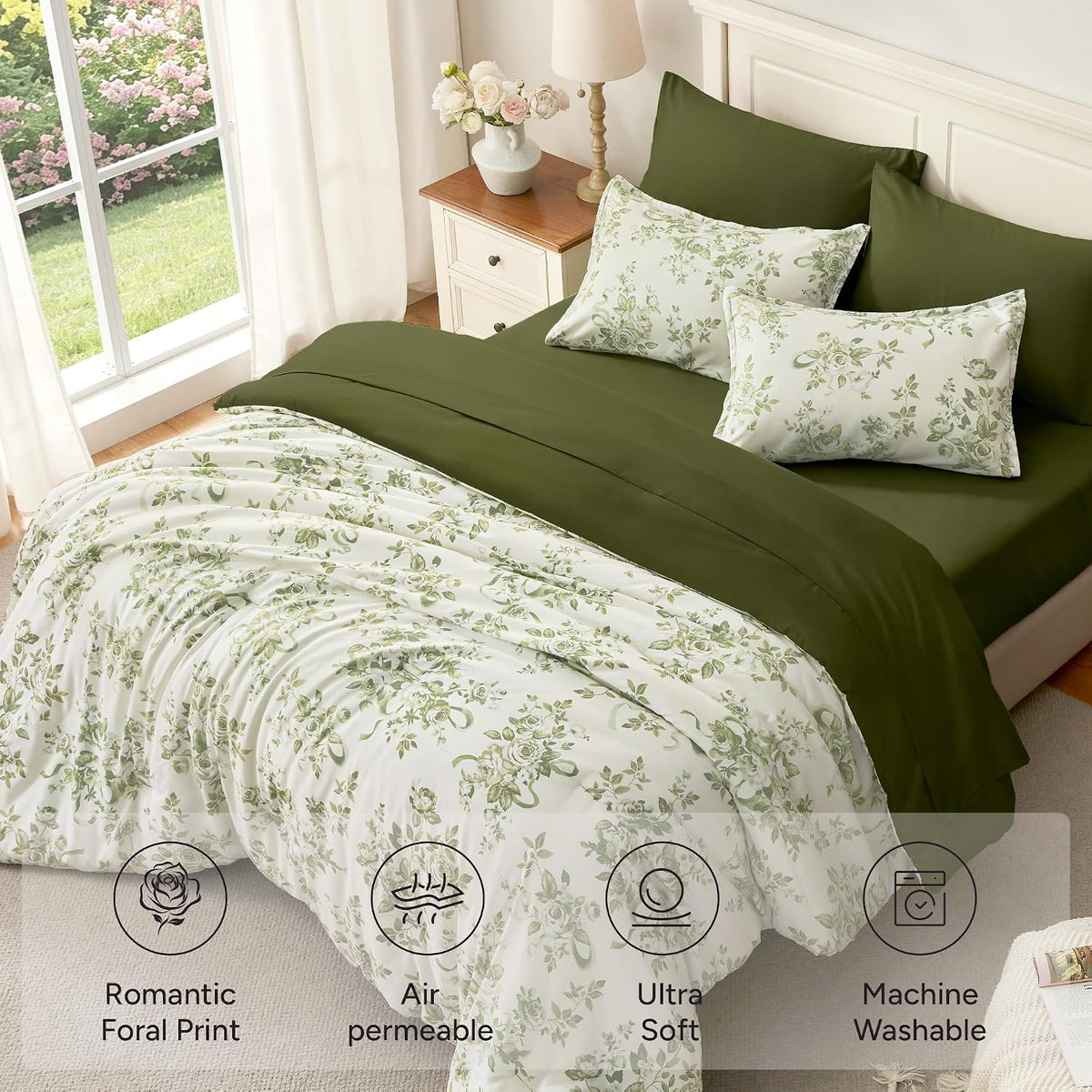 Andency Floral Comforter Queen Set, 7 Pieces Green Rose Flower Bedding Set