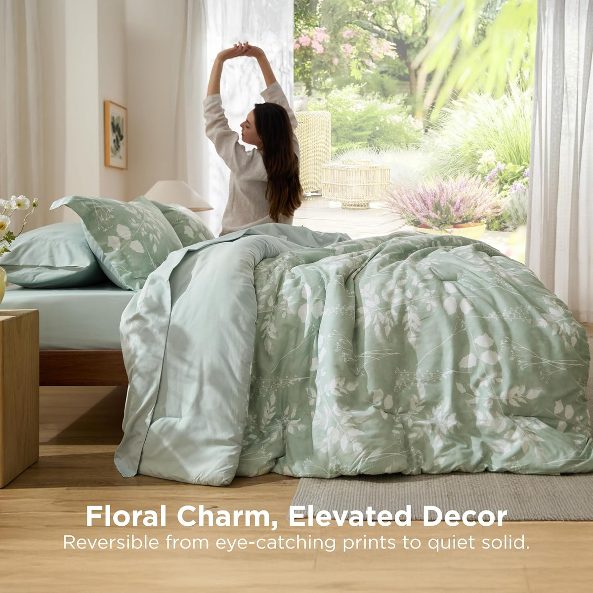 Bedsure Floral Sage Green Comforter Set, Full Bedding Sets, 7 Piece
