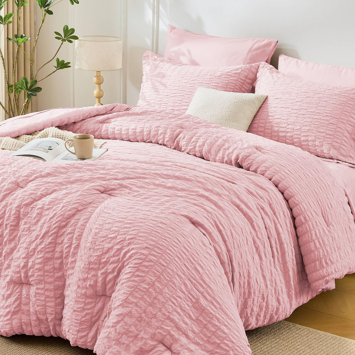 MUXHOMO 7 Pieces Queen Comforter Set, Seersucker Bed in a Bag Queen Size, All Season Luxury Bedding Set with Comforter, Flat Sheet, Fitted Sheet, Pillowcases & Shams, Beige