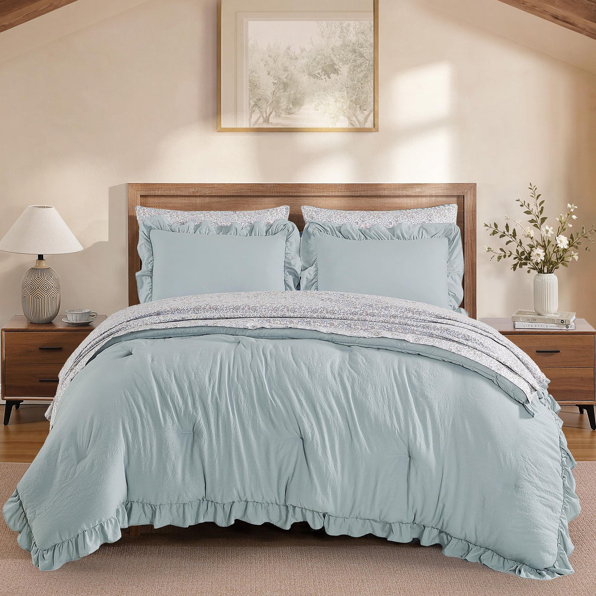 BLOOMHAVEN Queen Comforter Set-7 Pieces Ruffle Bedding with Floral Sheet