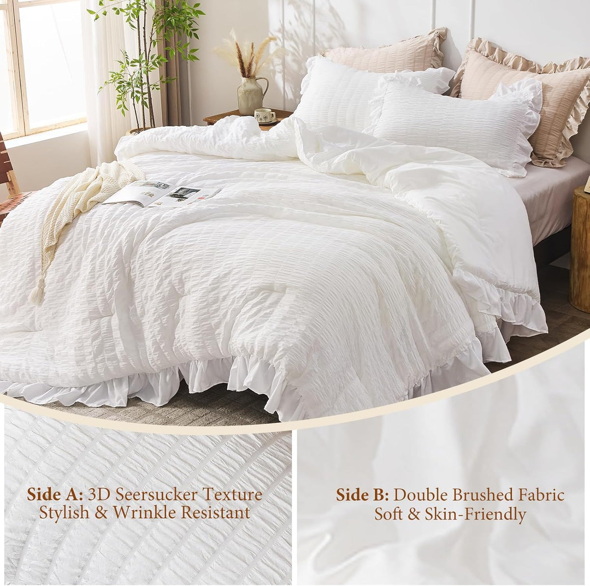 JOLLYVOGUE White Comforters Queen Size, 3 Pieces Ruffle Seersucker Queen Comforter Set for All Season, Lightweight Soft Shabby Chic Bedding Sets for Women（1 Comforter, 2 Pillowshams）