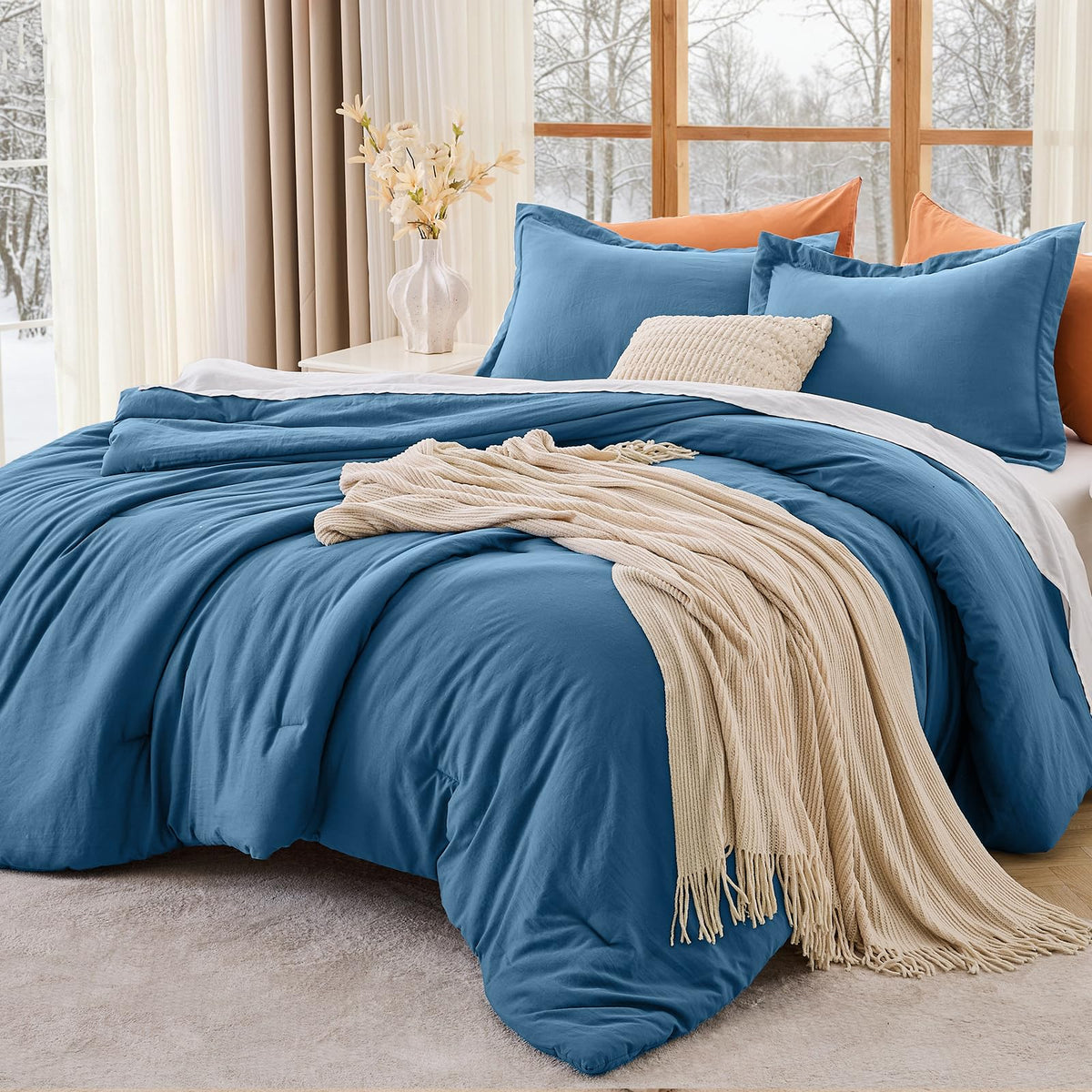 MUXHOMO Queen Size Comforter Set Beige, 3 Piece Solid Bedding for All Seasons, Warm Down Alternative Bed Set Includes 1 Lightweight Comforter (90"x90") and 2 Pillowshams (20"x26")