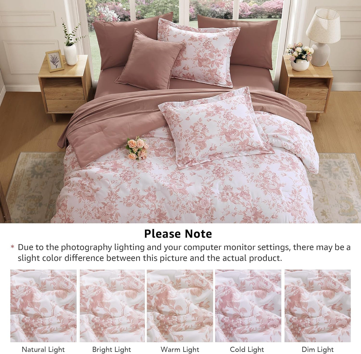 BLOOMHAVEN Full Size Comforter Sets-7 Pieces Rose Floral Bed in a Bag