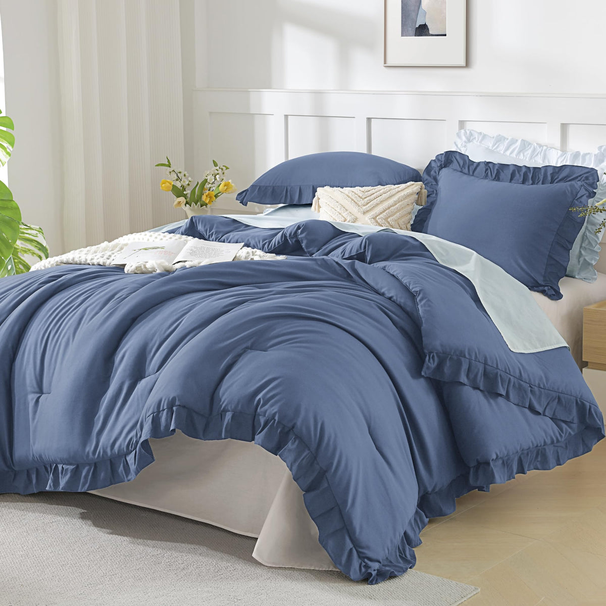 Andency White Comforter Set Queen Size, 3 Pieces Ruffle Farmhouse Bed Set