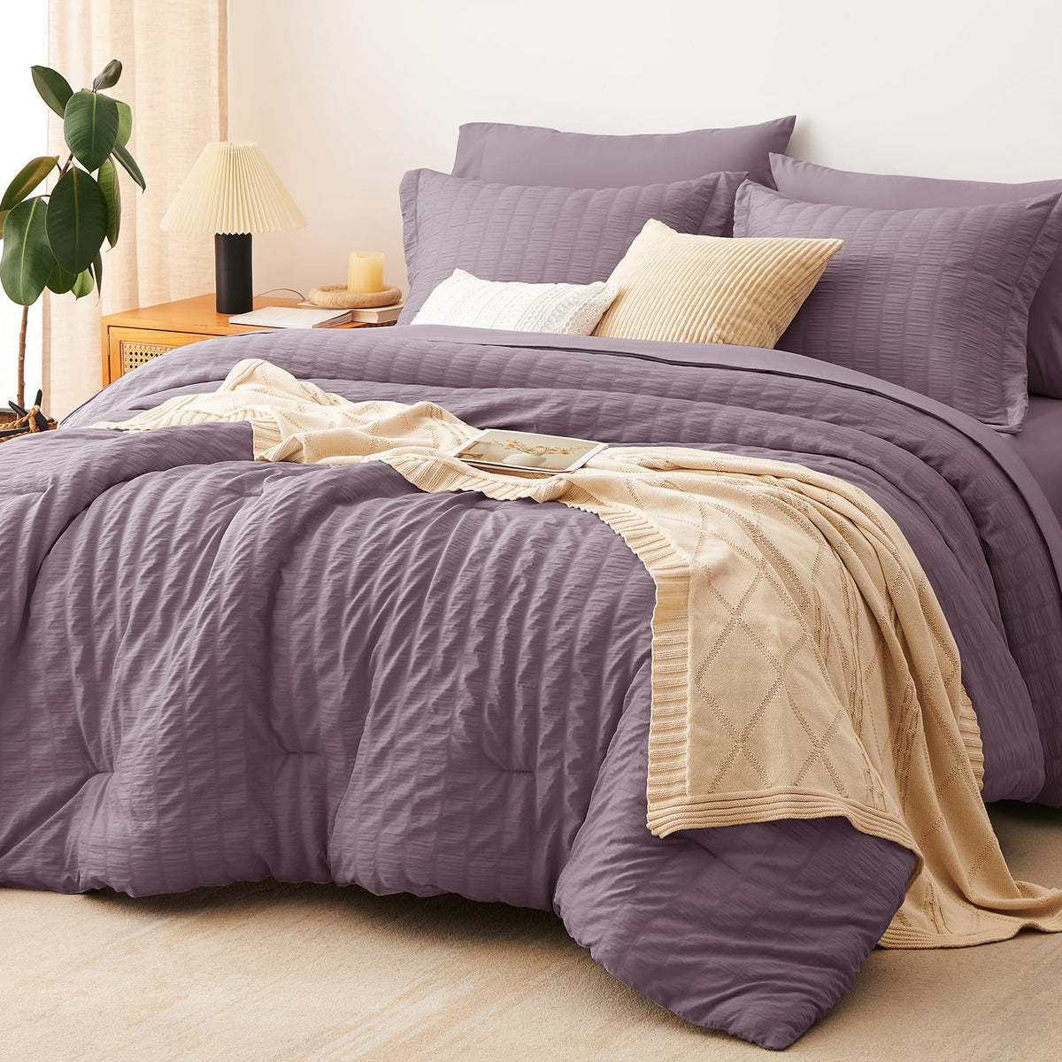 CozyLux Queen Comforter Set, 7 Pieces White Seersucker Bed in a Bag