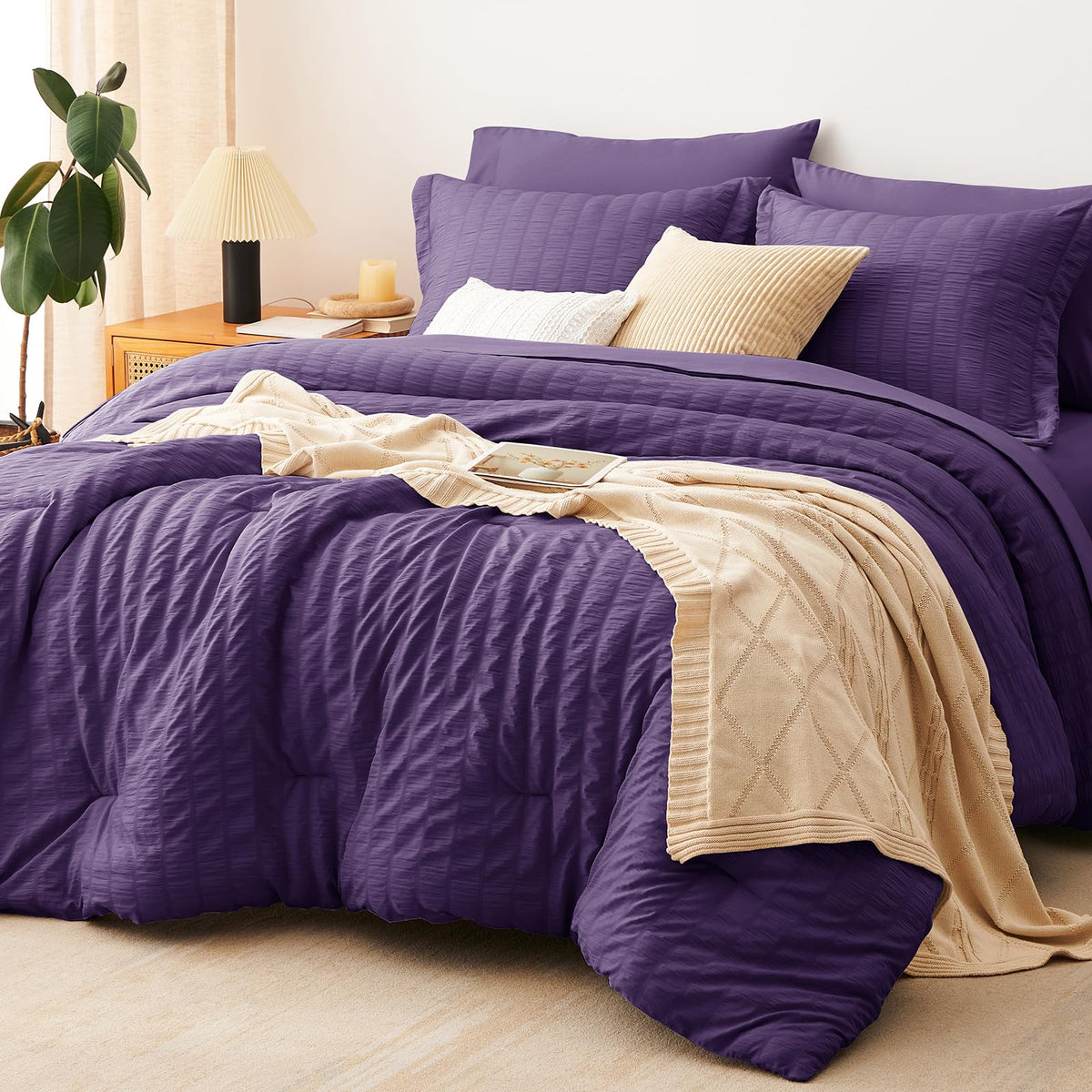 CozyLux Queen Comforter Set, 7 Pieces White Seersucker Bed in a Bag