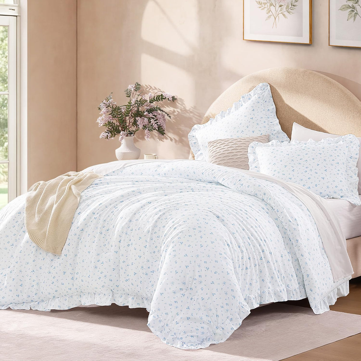 Andency White Comforter Set Queen Size, 3 Pieces Ruffle Farmhouse Bed Set