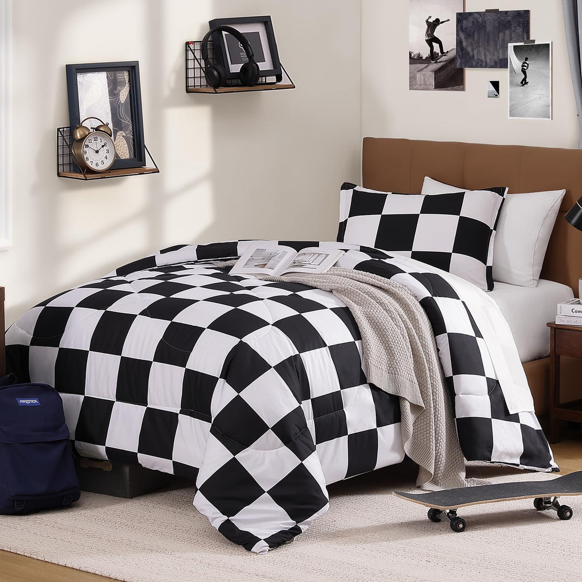 Andency Checkered Comforter Full, Black and White Gingham Plaid Bedding Set