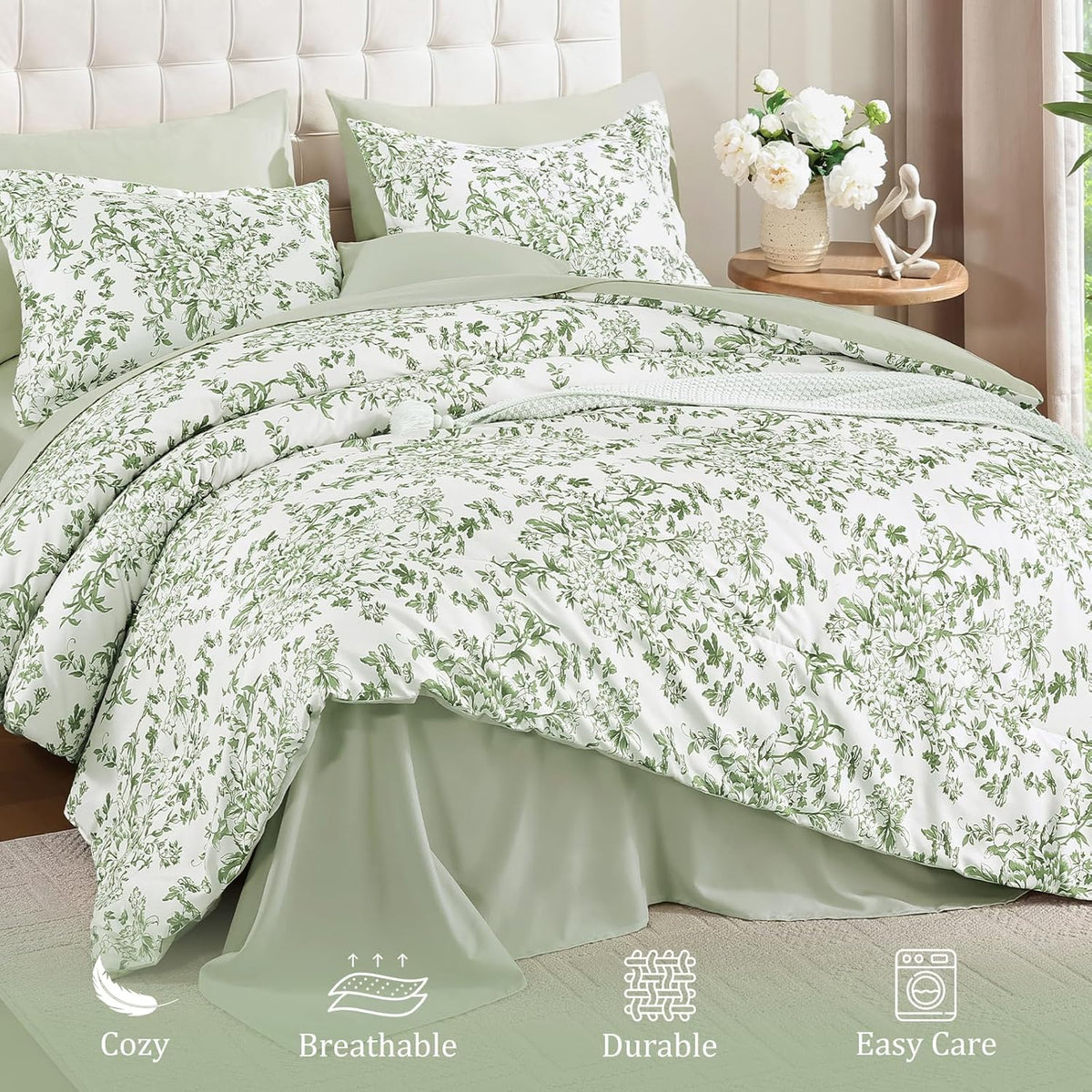 WONGS BEDDING 8 Pieces King Size Comforter Set Green,Sage Green Floral Bed in a Bag Comforter Sets, Soft Reversible Botanical Flowers Bedding Sets for All Season (90"x104")