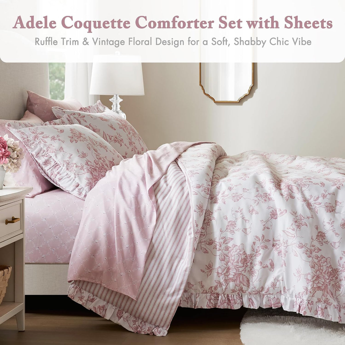 Madison Park Essentials Pink Floral Comforter Set with Sheets Full,7pc