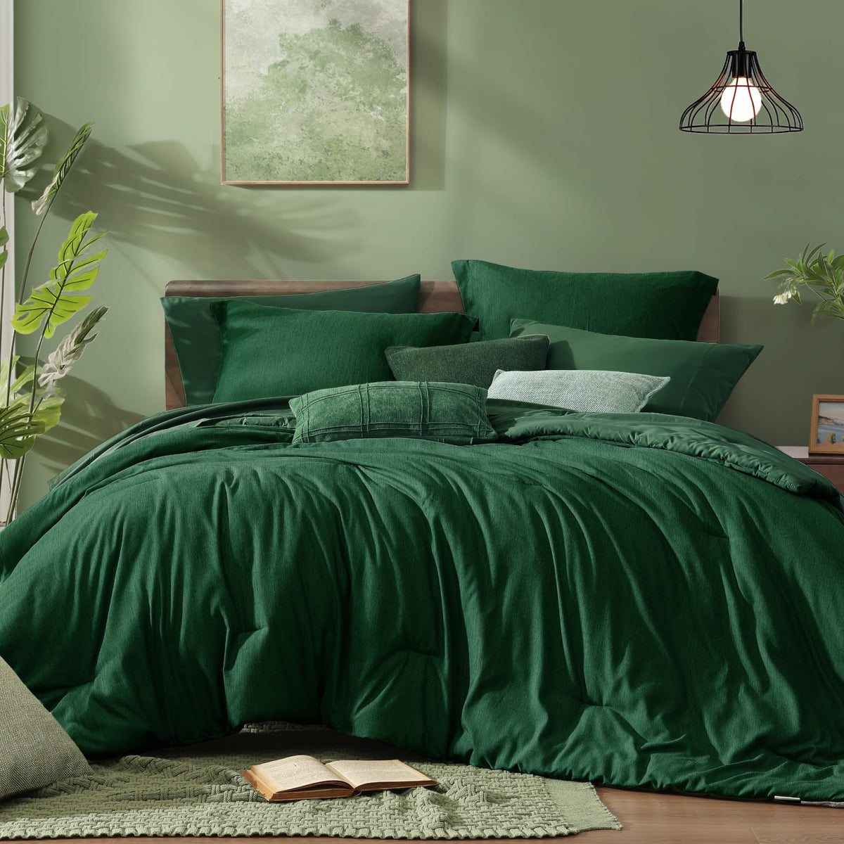 Monbix Queen Comforter Set 7 Pieces Cationic Green Bed in a Bag