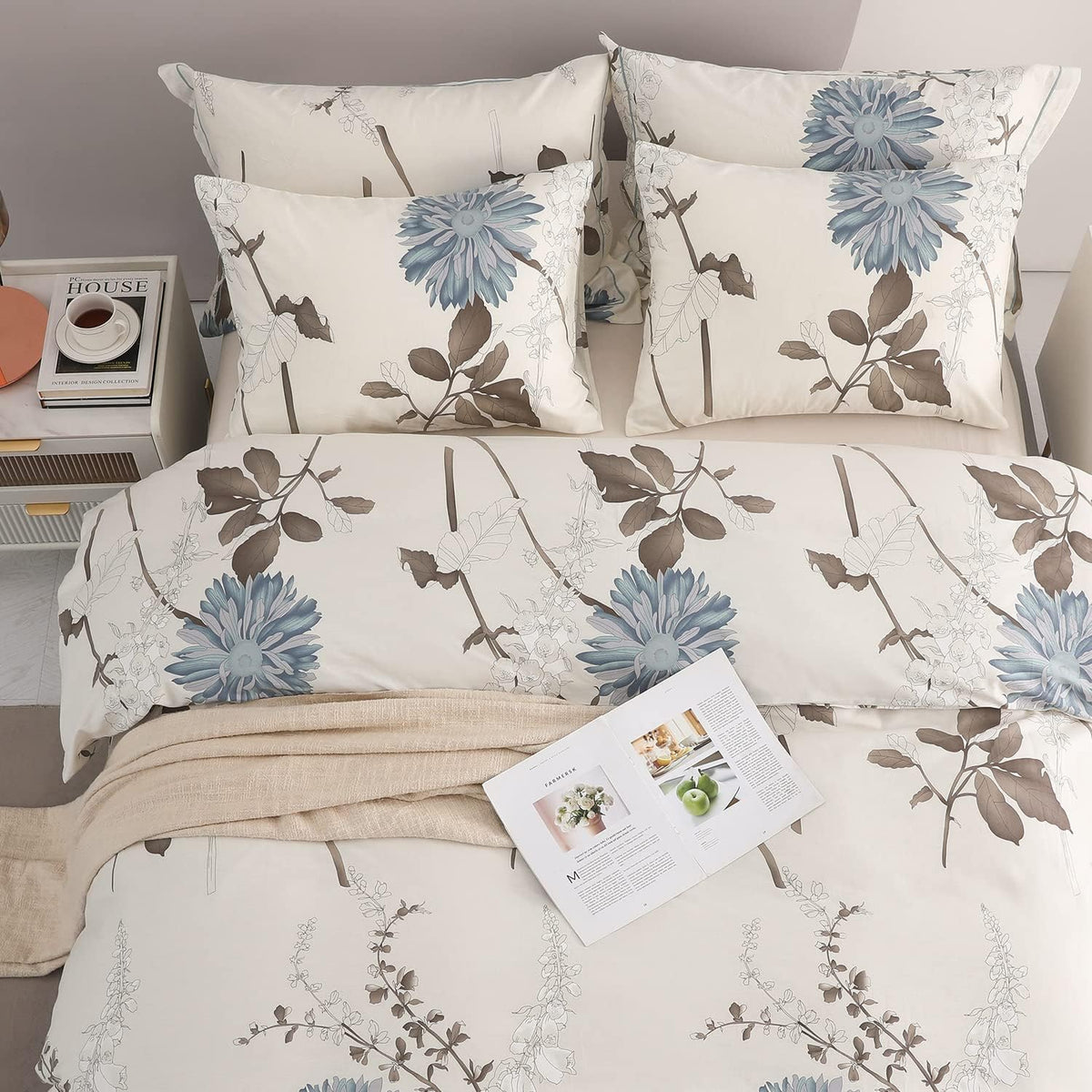 SLEEPBELLA Comforter Queen Size, 600 Thread Count Cotton Brown Branches and Blue Flowers Off-White Comforter Sets, Down Alternative Bedding Set 3Pcs(Queen, Off-White Botanical)