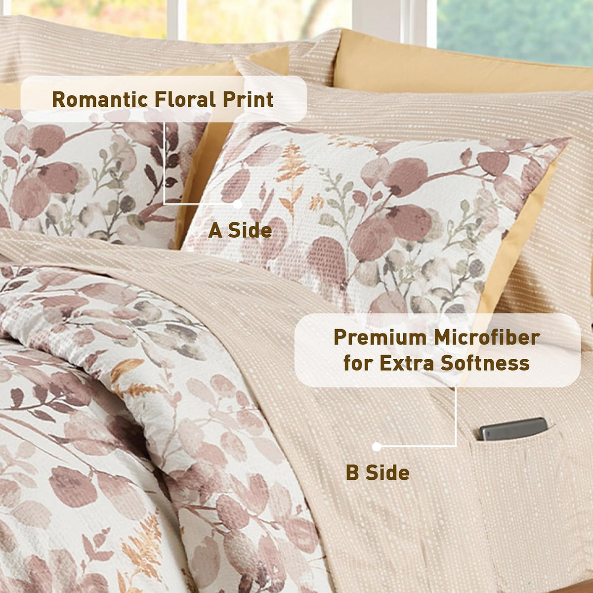 Lightweight Seersucker Botanical Comforter Set Queen Size, 9 Pieces Reversible Design Bed in A Bag Set, Premium Microfiber Bedding Set, Brown