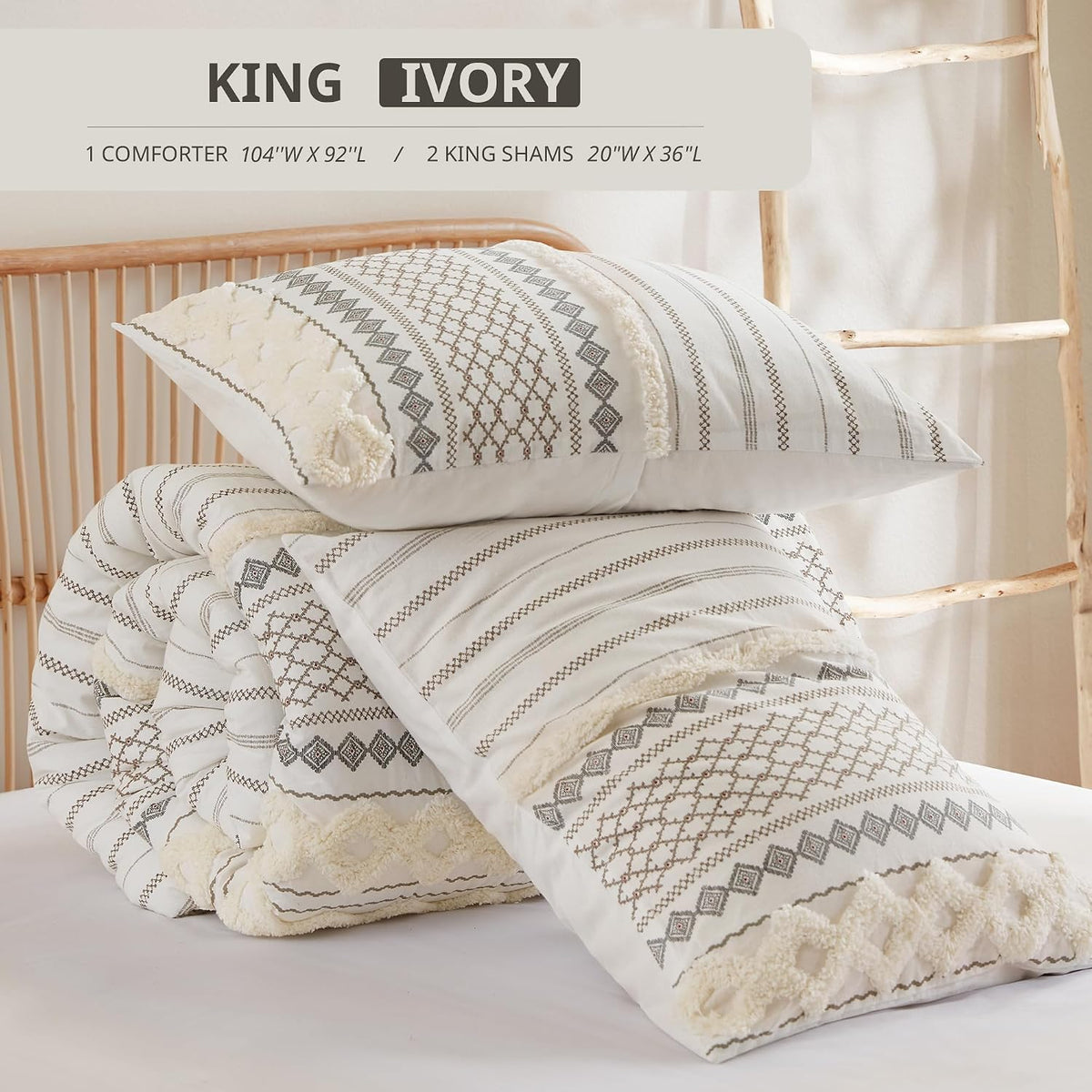 INK+IVY King Comforter Set, Boho Comforters, Breathable Cotton Bed Set, All Season Modern Chenille Tufted Comforter with Farmhouse Bedding Flare, Gifts for Women, Ivory 3 Piece